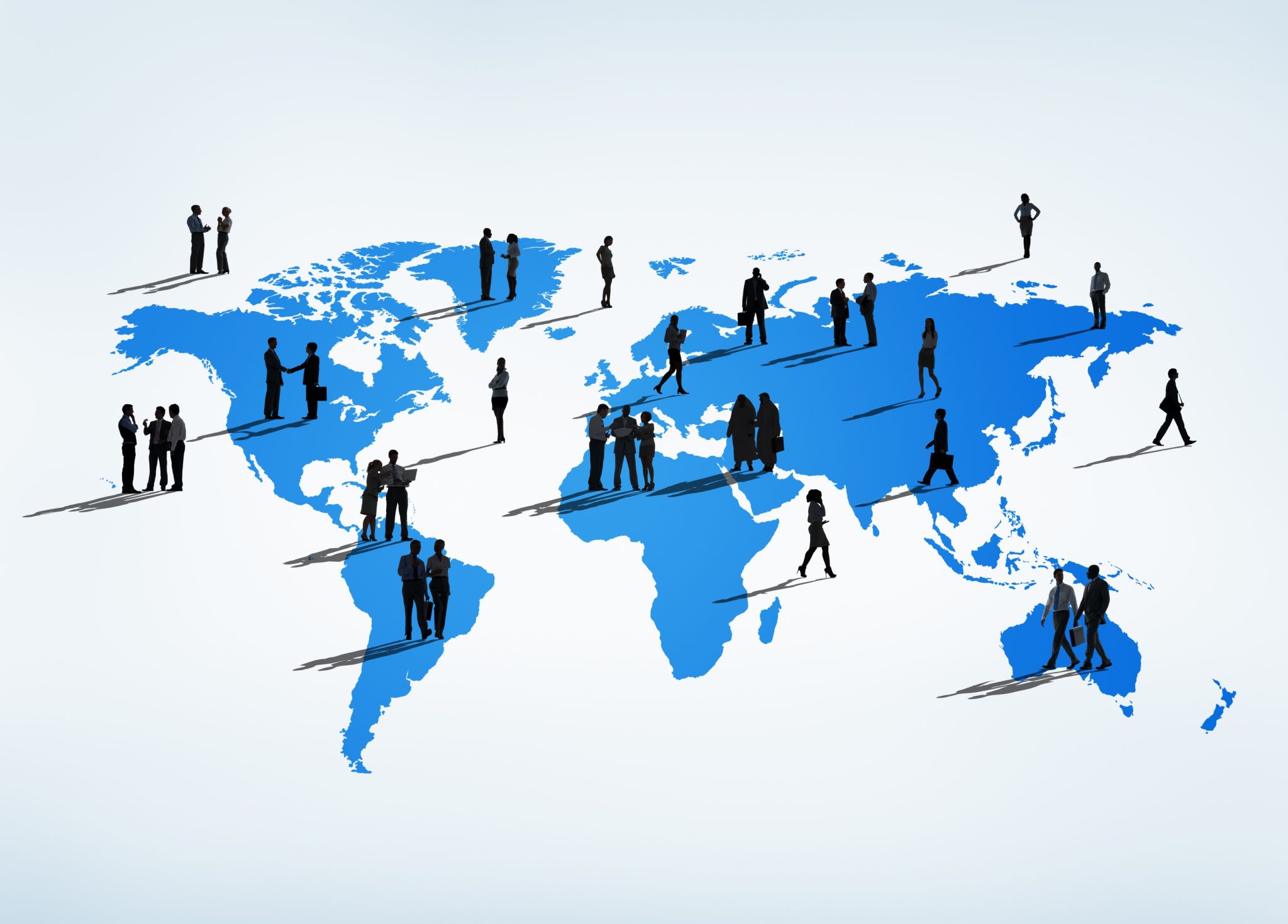 Global map with icons of people talking